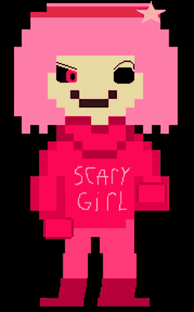 a pixel art of a scary girl with pink hair