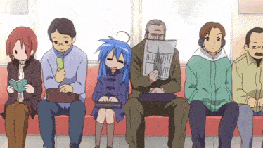 a group of people are sitting in a row and one of them is reading a newspaper