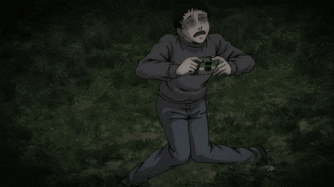 a cartoon drawing of a man holding a camera while a woman runs behind him
