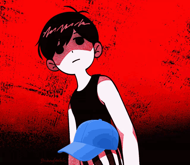 a drawing of a boy wearing a black tank top and holding a blue hat
