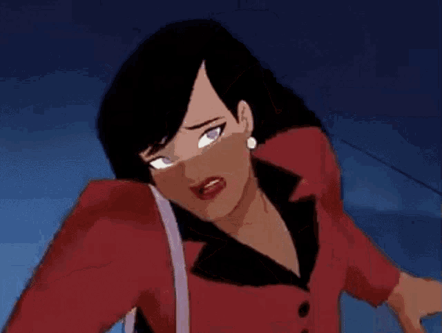a cartoon woman is wearing a red jacket and black shirt and earrings .