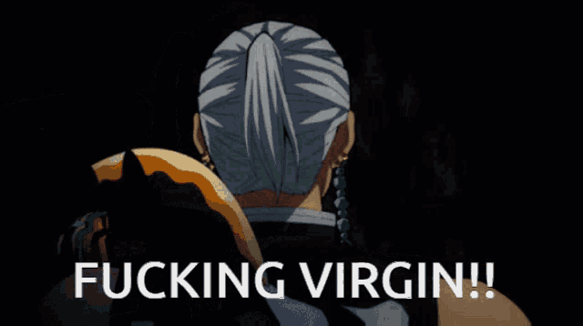 a cartoon character holding a sword with the words " fucking virgin " below him