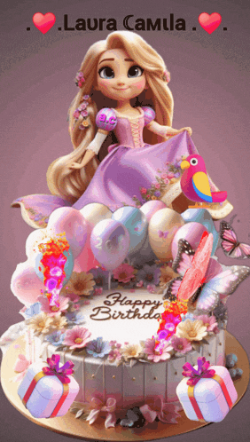 a birthday cake with a doll on top and the name laura camilla on the bottom