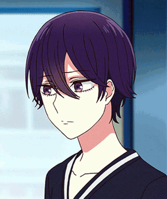 a close up of a person with purple hair and pink eyes