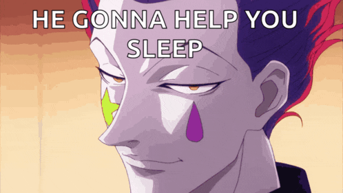 a cartoon character with a tear in his eye and the words he gonna help you sleep below him