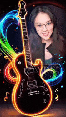 a girl is standing in front of a guitar that is glowing in the dark