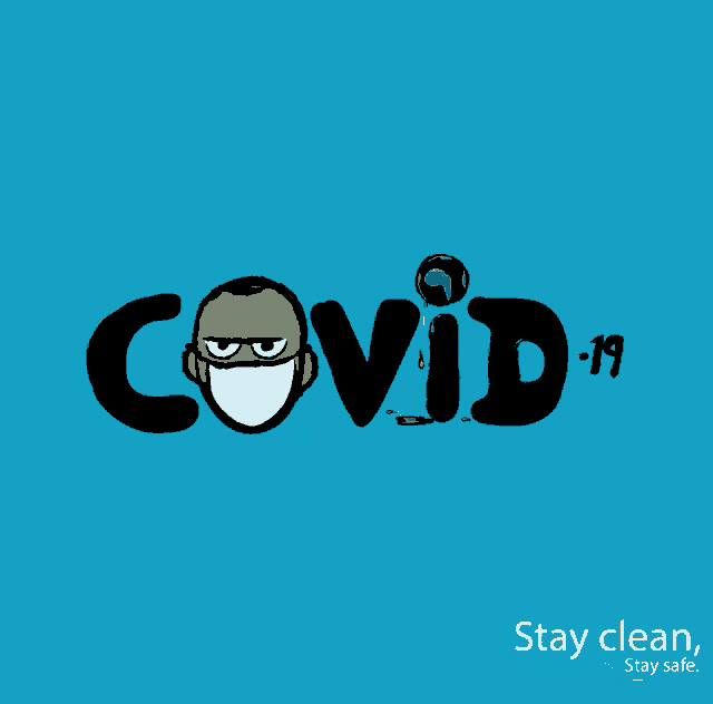 a cartoon drawing of a man wearing a mask and the word covid-19 on a blue background