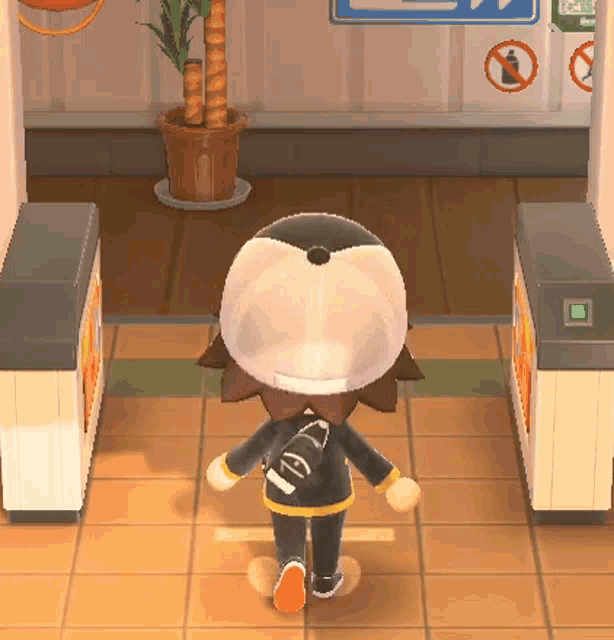 a cartoon character wearing a white hat and a black jacket with the letter a on the back