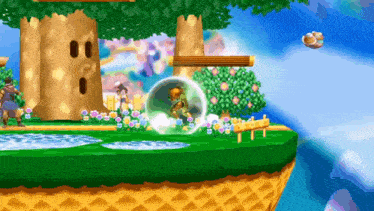 a video game scene with trees and flowers and a sign that says t