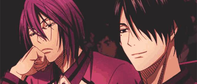 two anime characters are sitting next to each other and one has purple hair