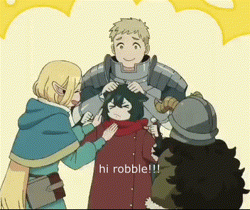 a group of cartoon characters are standing around a man in armor and a girl in a red scarf .