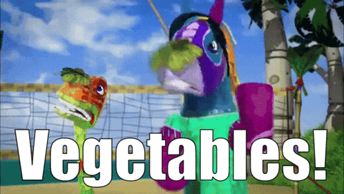 a cartoon character says vegetables in front of a volleyball net and palm trees