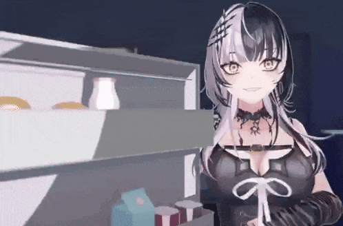 a black and white anime girl is standing in front of a refrigerator