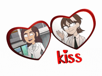 two heart shaped frames with cartoon characters and the word kiss