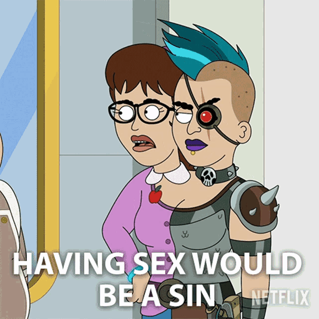 a cartoon says having sex would be a sin in white letters