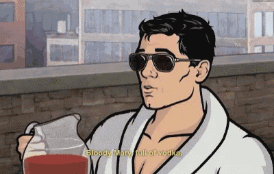 a cartoon character is holding a pitcher of bloody mary full of vodka