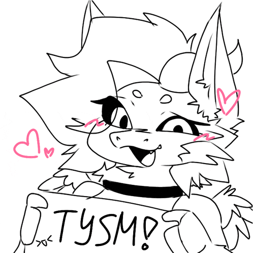 a black and white drawing of a cat with the word tysm on it