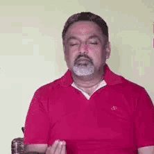 a man with a beard is wearing a red shirt and sitting in a chair .