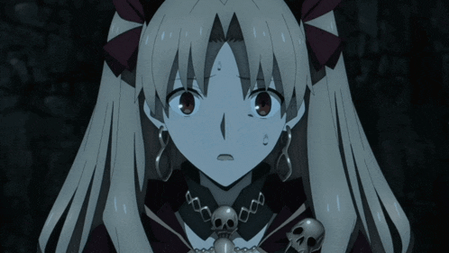 a close up of a girl with a necklace of skulls