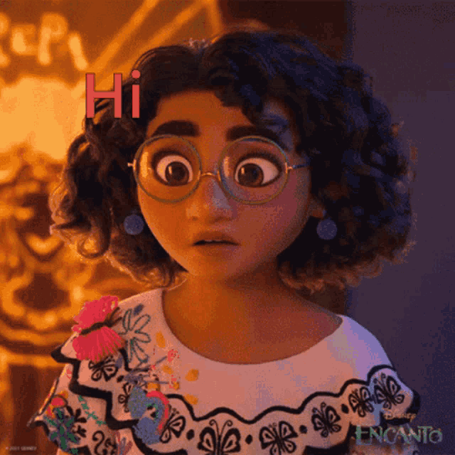 a cartoon girl wearing glasses and a white shirt says hi