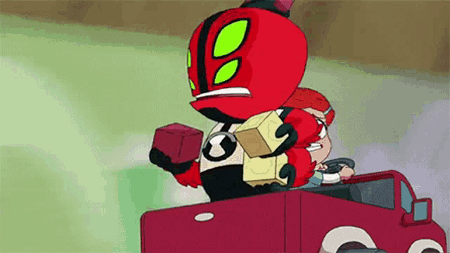 a cartoon character is driving a red truck with a brick in his hand .