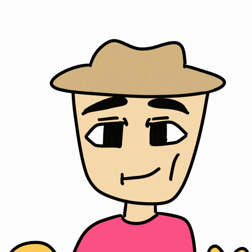 a drawing of a man wearing a hat and a pink shirt with the letter k next to him
