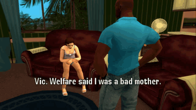 a video game scene with a woman sitting on a couch and the words vic welfare said i was a bad mother written below her