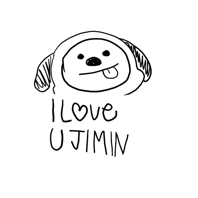 a black and white drawing of a dog with the words " i love u jimin " below it