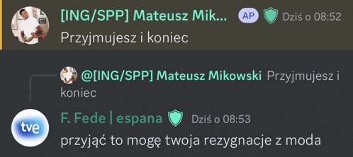 a screenshot of a conversation between f. fede and mateusz mikowski