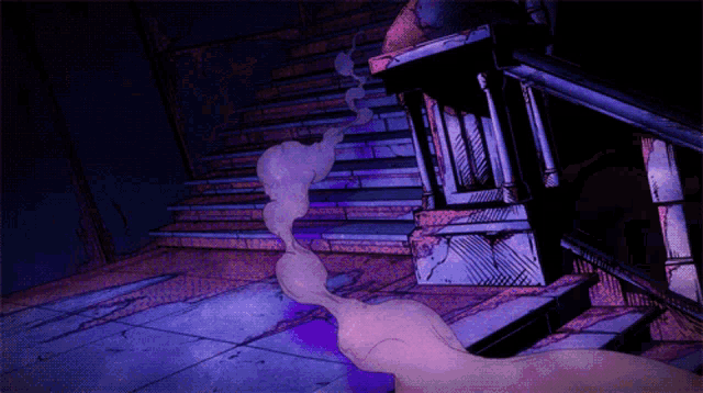 a staircase with purple smoke coming out of the top