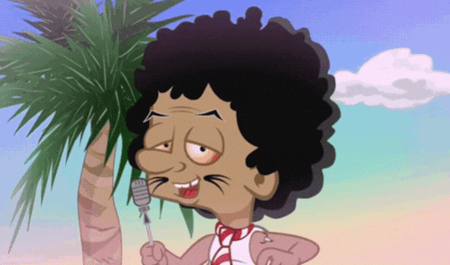 a cartoon of a man holding a microphone and a palm tree