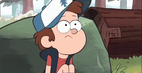 dipper from gravity falls is sitting in front of a log cabin