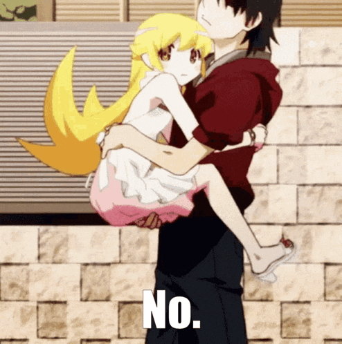 a man is carrying a girl in his arms and the word no is on the bottom right