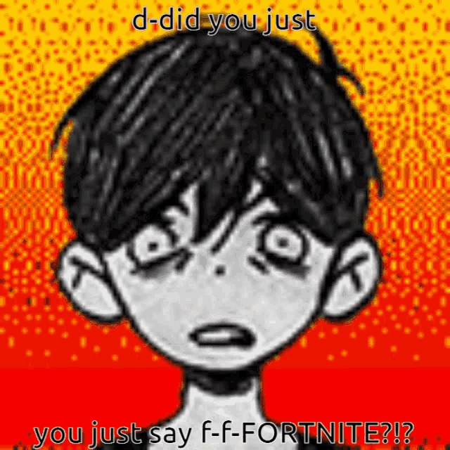 a black and white drawing of a boy with the words " d-did you just you just say f-f-fortnite ? "