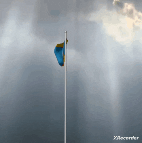 a blue and yellow flag is flying in the wind with a xrecorder logo in the corner
