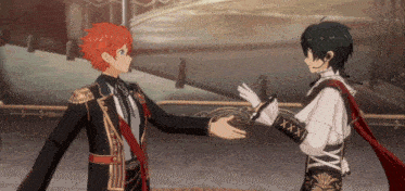 two anime characters shaking hands and one has xxx on his arm
