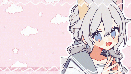 a drawing of a girl with white hair and blue eyes surrounded by clouds and stars