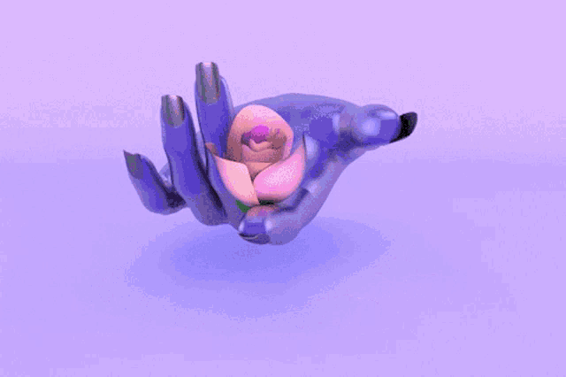 a 3d rendering of a hand holding a flower with a purple background