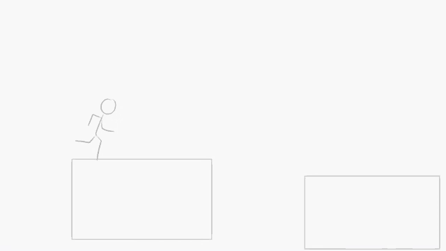 a stick figure is jumping over a wall while another stick figure is standing on a ledge .