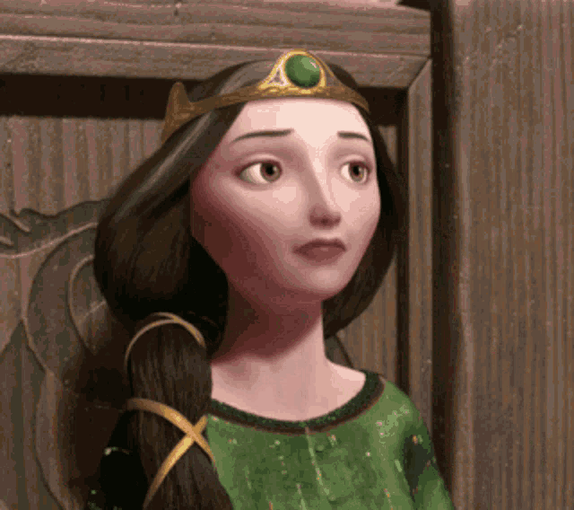 a cartoon woman wearing a green dress and a crown