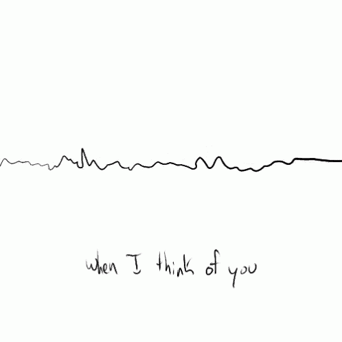 a black and white drawing of a heartbeat and the words when i think of you .