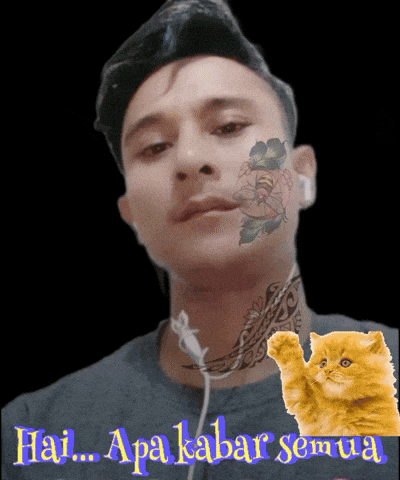 a man with a tattoo on his face and a cat with the words hai apa kabar semua