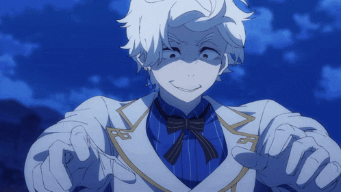 a cartoon character with white hair and a blue shirt has a bow tie