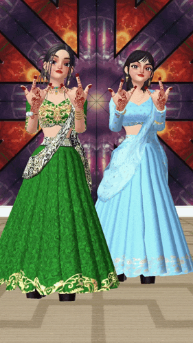 a woman in a green dress and a woman in a blue dress