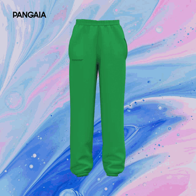 a pair of blue pants with pangaia written on the bottom right