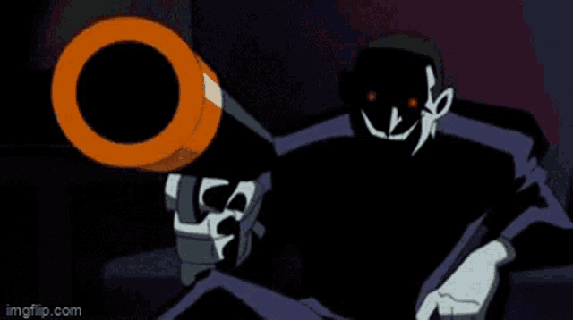 a cartoon character is holding a gun in a dark room and smiling .