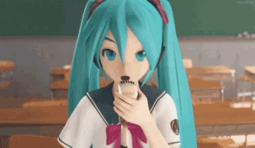 a girl with long blue hair is sitting in a classroom eating a piece of food .
