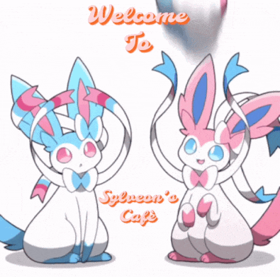 a welcome to sylveon 's cafe advertisement with two pokemon