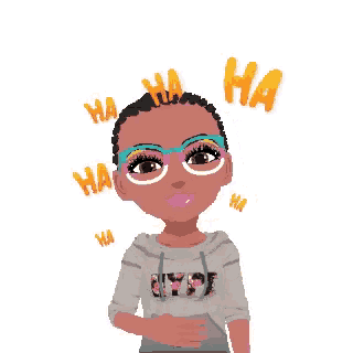 a cartoon girl wearing glasses and a hoodie is laughing with the words ha ha surrounding her head .