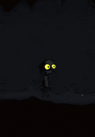 a cartoon character with glowing yellow eyes is standing in the dark